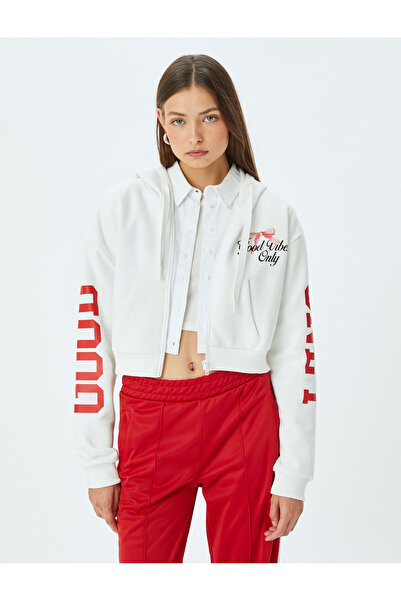 Koton Back Printed Hooded Zippered Pocket Sweatshirt