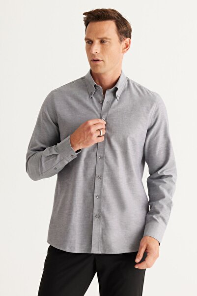 ALTINYILDIZ CLASSICS Erkek Gri Slim Fit Dar Kesim Düğmeli Yaka %100 Pamuk Oxford Gömlek