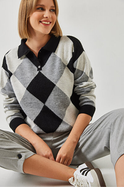 Bianco Lucci Women's Polo Neck Diamond Patterned Knitwear Sweater 5255 60351276