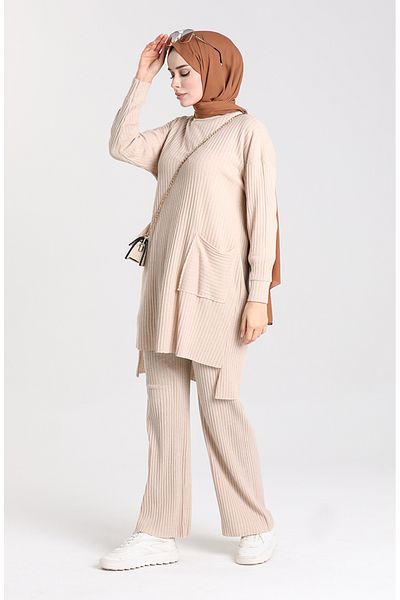 sefamerve Beigefarbenes Tunika- und Hosen-Set mit asymmetrischen Taschen – 7731-03