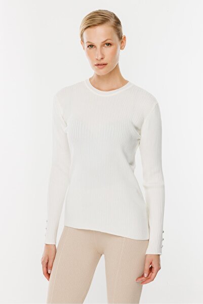 accort Sıfır Yaka Fitilli Triko Kazak-EKRU