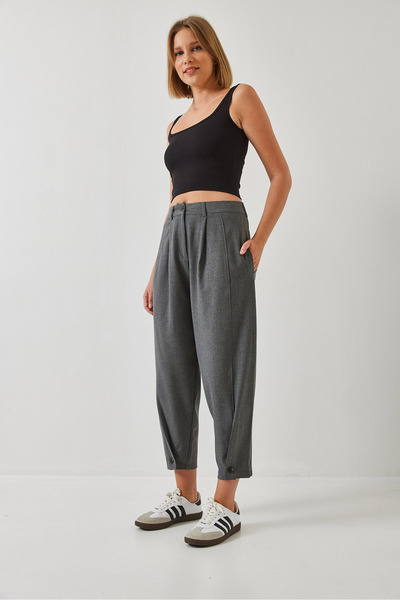 Bianco Lucci Women's Linen Textured Trousers with Button Detail 60251262