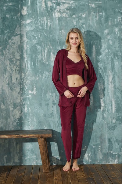 Mihra İPEK KADİFE ÜÇ'LÜ KADIN PİJAMA TAKIMI