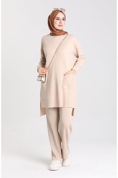 sefamerve Beigefarbenes Tunika- und Hosen-Set mit asymmetrischen Taschen – 7731-03