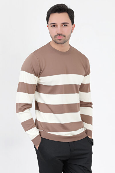 JB John Borners Мъжки пуловер от плетено платно с кафяви райета - кръгло деколте, микрофиламент - 1009