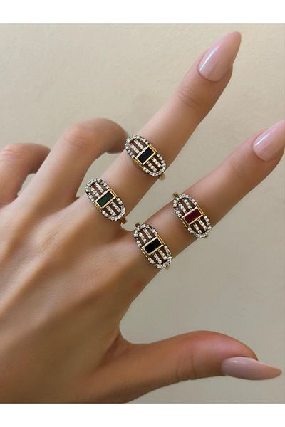 MyladyAccessoriess خاتم فولاذي بتفاصيل حجر الرغيف الفرنسي الملون باللون الأزرق الداكن