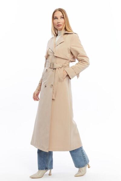 Jamila Uzun Boy Düğmeli ve Kemerli Trençkot