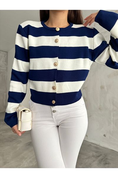 charm butik Striped Crew Neck Women's Crop Cardigan