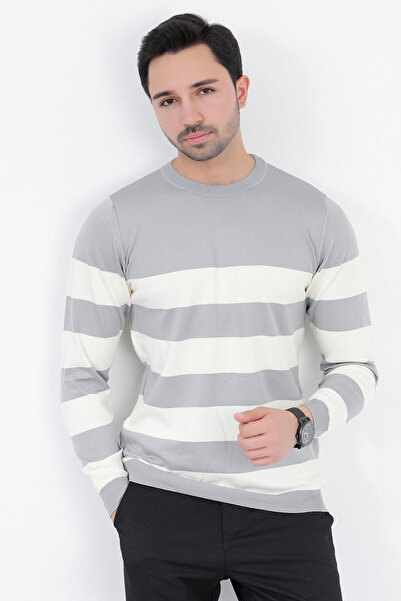 JB John Borners Ανδρικό πλεκτό πουλόβερ γκρι ριγέ Crew Neck Micro Flament - 1009