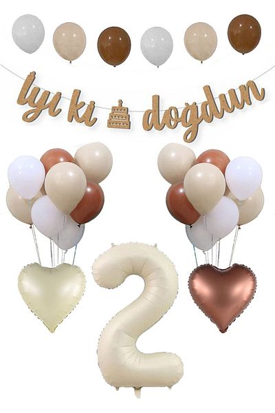 Atölye Mi 2 Years Old Birthday Retro Banner and Balloon Set - Kraft, Cream and Sea Sand