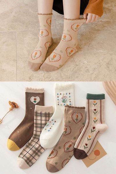 BGK 5 Pairs Women's Floral-Heart Pattern Socks