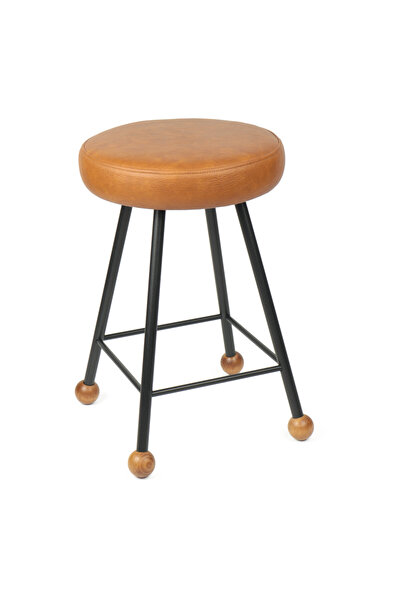 Wood Stone Art Tabure 47 Cm Sandalye Bar Taburesi Taba Suni Döşeme Oturma Yeri Beyaz Kare Demir Ahşap Topuz