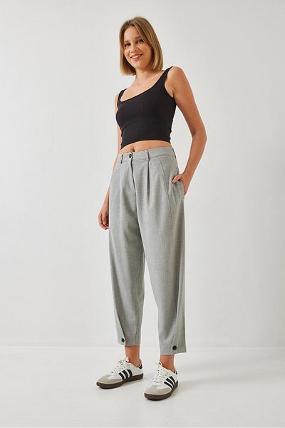 Bianco Lucci Women's Linen Textured Trousers with Button Detail 60251262
