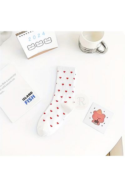 trampler 4 Pairs Women's Red Heart Patterned White Tennis Socks Women's Heart Socks