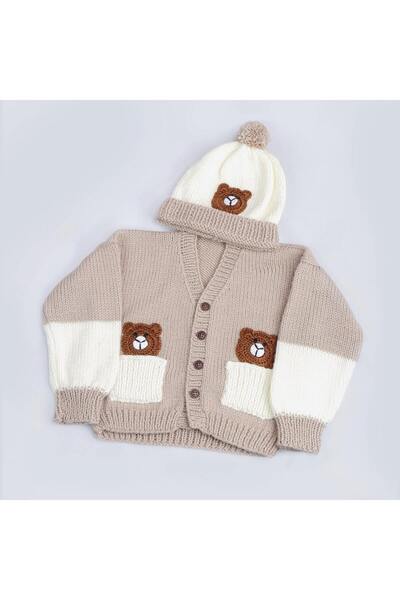 Evitle El Örgüsü Ayıcıklı Erkek Çocuk Hırka ve Bere Takım