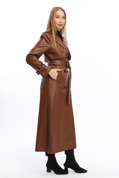 Jamila Çift Cepkenli Uzun Boy Deri Trençkot