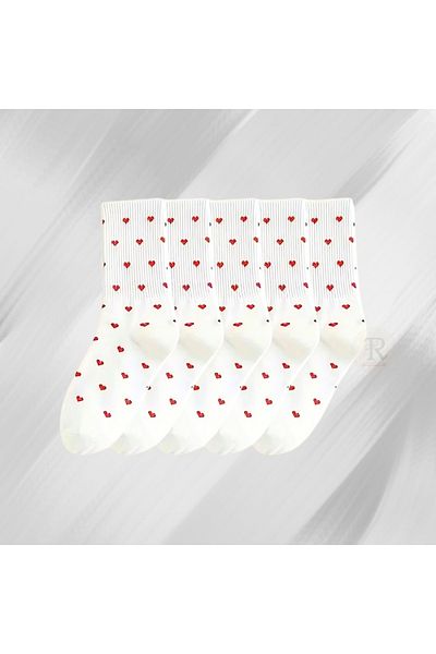 trampler 4 Pairs Women's Red Heart Patterned White Tennis Socks Women's Heart Socks