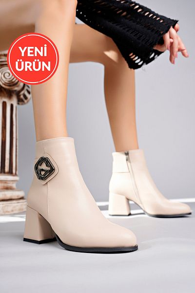 MARSHETTA Γυναικείες μπότες Grace Model Beige με στρογγυλά δάχτυλα με χοντρό τακούνι με φερμουάρ στο πλάι