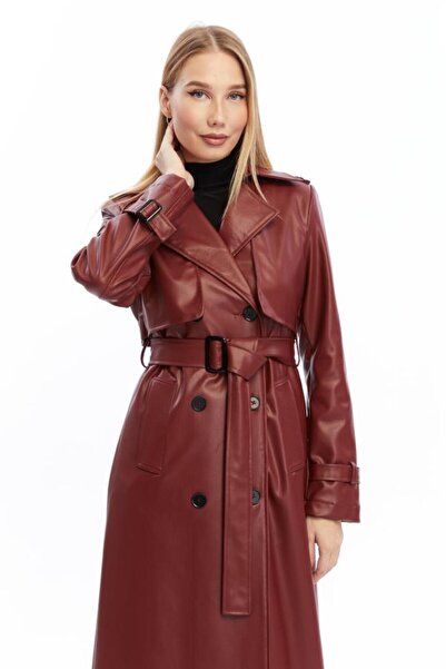 Jamila Çift Cepkenli Uzun Boy Deri Trençkot