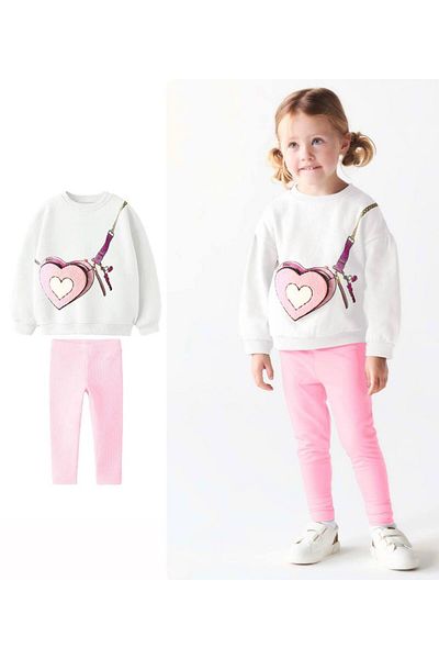 Lolliboomkids Broderie cu inimă, geantă elastică în talie din cauciuc, cu aspect de 3 fire, hanorac, jambiere, set de jos