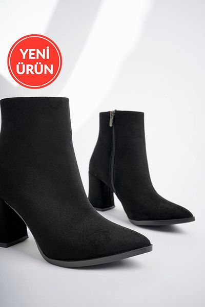 MARSHETTA Cizme de damă Legend Model din piele intoarsa neagra cu varf ascutit cu toc gros cu fermoar lateral