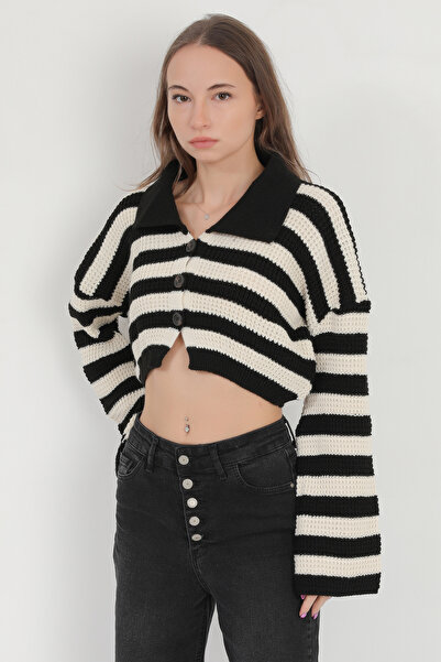 GİYSA Kadın Crop Triko Hırka Siyah Beyaz Modern Yaka Detaylı Kısa Akrilik - 1920