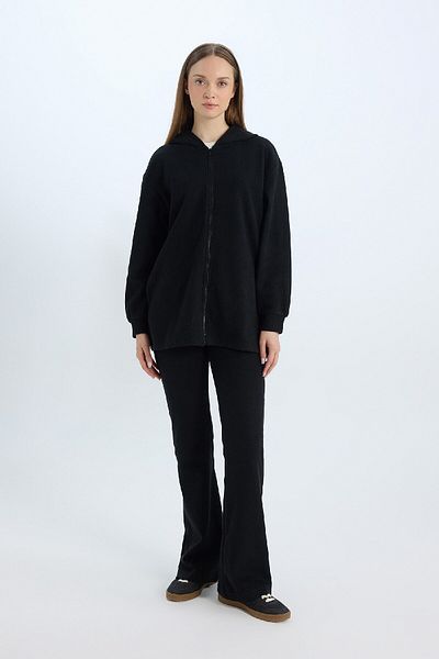 DeFacto Thessaloniki Fabric Long Sweater Cardigan with Hood - Solid Zip and Pocket D6815Ax24Wn