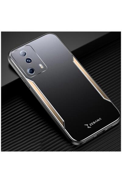 Zebana Xiaomi Mi 13 Lite Uyumlu Kılıf Metal Mitras Kılıf (Silikon Kenar) Gold