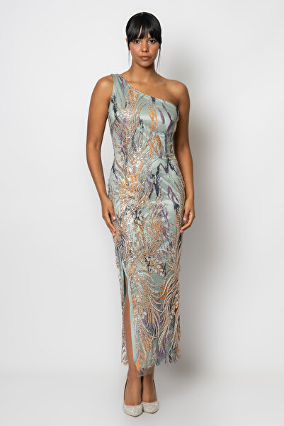 RENGIN Yandan bacak dekolteli boncuklu payetli tek omuz abiye elbise