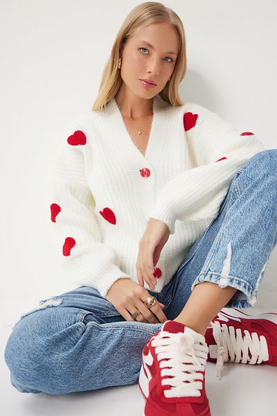 Lovelyİstanbul White Oversize Knitwear Cardigan - Heart Motif Lpf0050