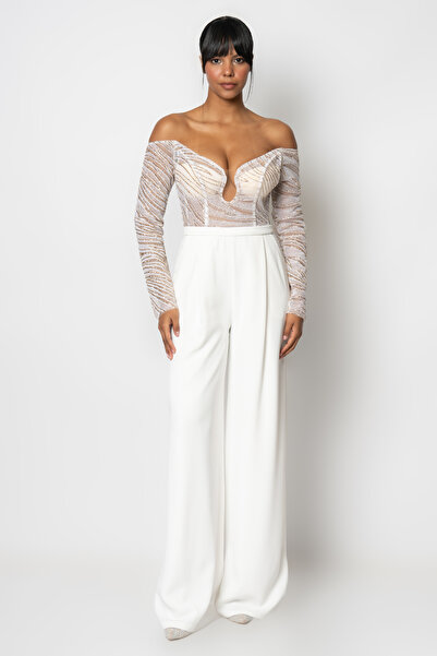 RENGIN Göğüs dekolteli üstü simli desenli krep abiye tulum