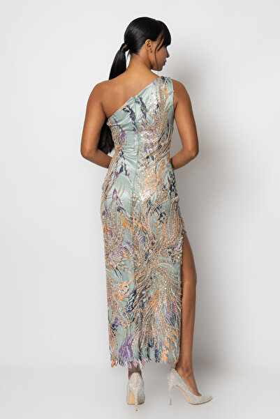 RENGIN Yandan bacak dekolteli boncuklu payetli tek omuz abiye elbise