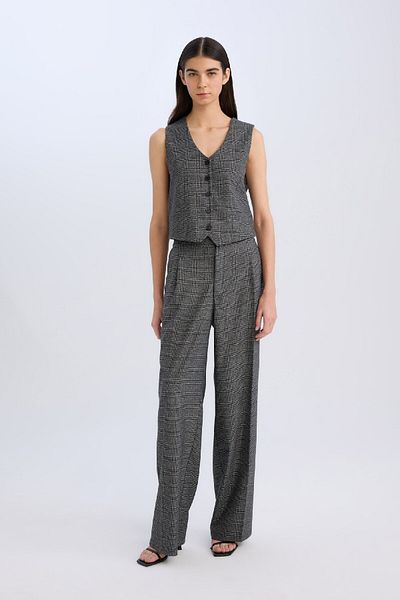 DeFacto Klassische Hose mit weitem Bein, kariert, Taschen, hohe Taille, weites, weites Bein D8635ax24au