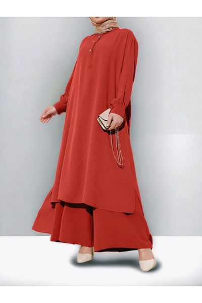 Modamorfo Long Loose Double Set with Wooden Button and Half Placket - Tile