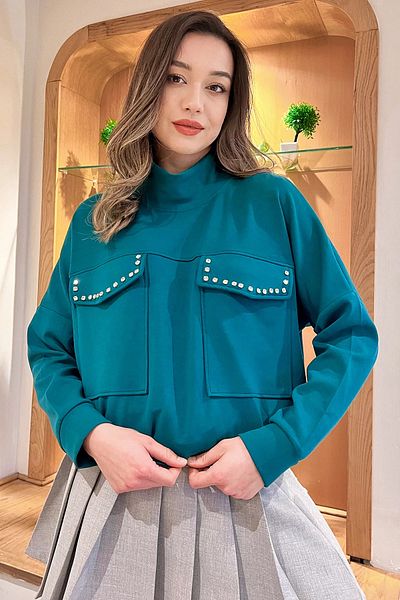 GÜLSELİ Hanorac elegant și confortabil din piatră, cu jumătate de gât roșu, cu buzunar dublu, cu șireturi în talie