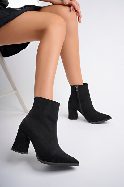 MARSHETTA Legend Model Siyah Süet Sivri Burun Kalın Topuklu Yandan Fermuarlı Kadın Bot