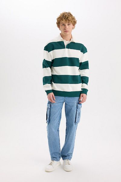DeFacto Boxy Fit Polo-Kragen-Sweatshirt mit Streifen D1784AX24WN