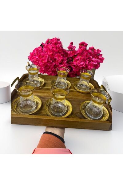 elif aksesuar Altın Yaldızlı Kumlamalı Çay Bardağı Takımı 6 Lı