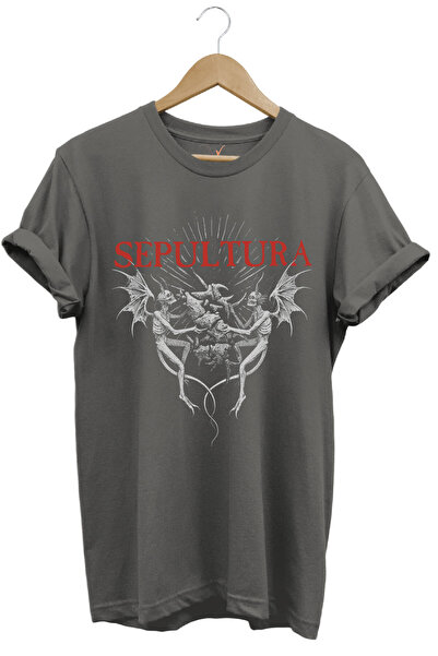 WİDİ Unısex Sepultura Cavalera Metal Rock Music Brazil Müzik Baskılı %100 Pamuk Regular Fit Gri T-shirt