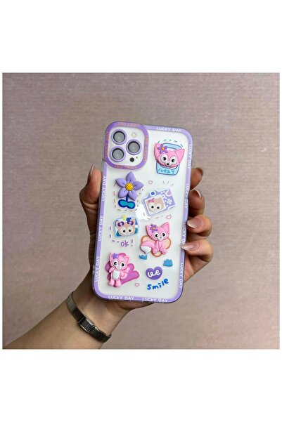 Zebana Apple iPhone 13 Pro Max Uyumlu Kılıf Bear and Rabbit Silikon Kılıf Lila