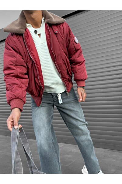 ablukaonline Men's Oversize Collar Zippered Pocket Coat Red