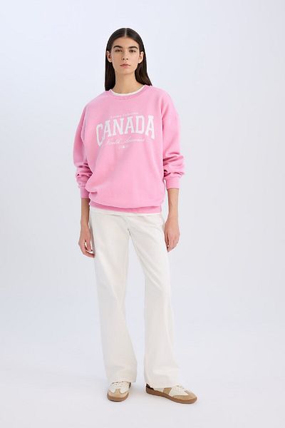 DeFacto Oversize Wide Fit Crew Neck με στάμπα χοντρό φούτερ D9805ax24wn
