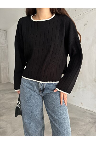 charm butik Pulover de damă din tricotaje cu fante laterale cu detaliu de broderie