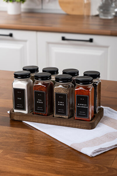 Mienda Home Mienda Home 8'li Ahşap Standlı Cam Baharatlık Seti Siyah Kapaklı ...