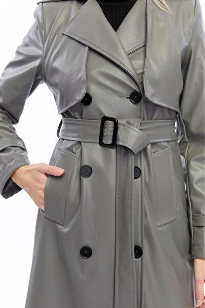 Jamila Çift Cepkenli Uzun Boy Deri Trençkot