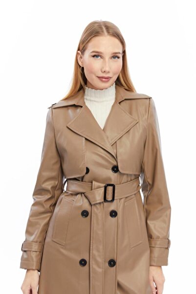 Jamila Çift Cepkenli Uzun Boy Deri Trençkot