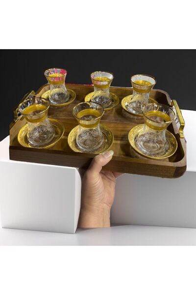 elif aksesuar Altın Yaldızlı Kumlamalı Çay Bardağı Takımı 6 Lı