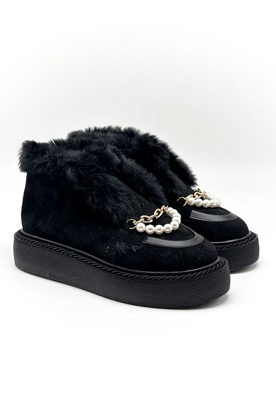 Shoebutik Γυναικείες μπότες Tricey Black Suede Pearl με λεπτομέρεια Shearling