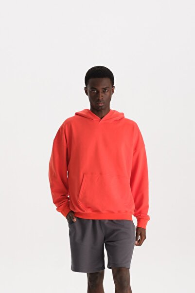 Erkek Kırmızı %100 Organik Pamuk Kanguru Cepli Kapüşonlu Oversize Sweatshirt