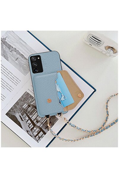 Zebana Samsung Galaxy Note 20 Uyumlu Kılıf Boyun Askılı Deri Kılıf Açık Mavi